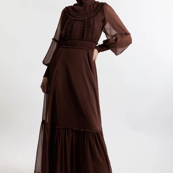 NWT: Lydia x Karen Millen Crinkle High Neck Drama Midaxi Dress Chocolate Brown - Picture 2 of 12